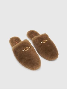 Anine Bing Shearling Plush Slip on Loafers Mules Camel / Yellow Gold SZ 38